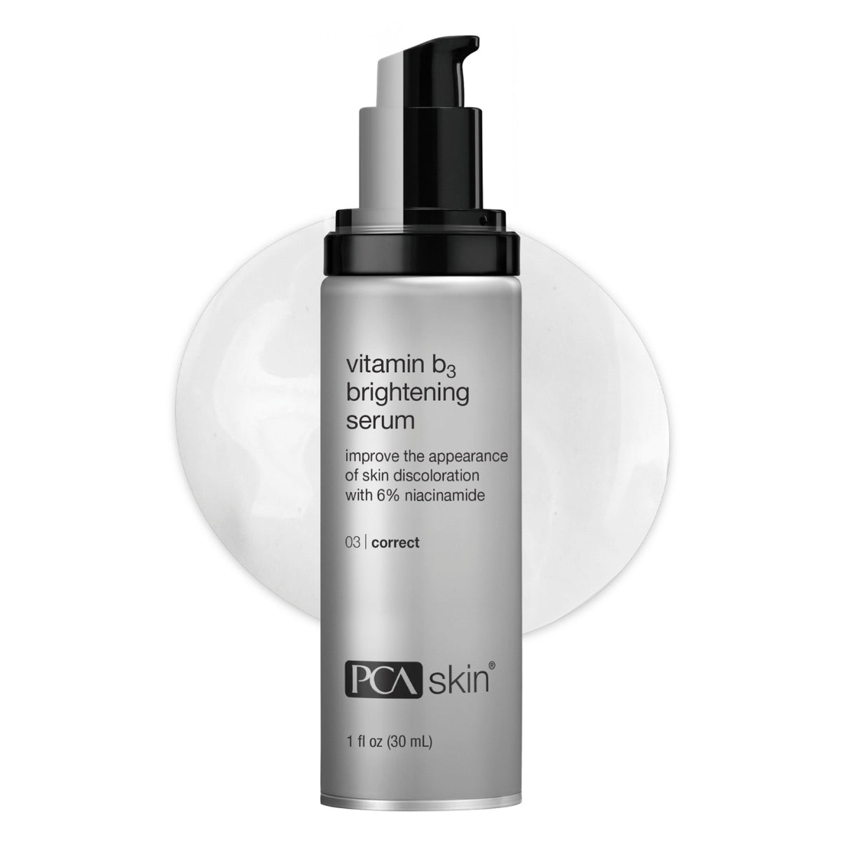 PCA Skin Vitamin B3 Brightening Serum 1oz bottle with texture swatch