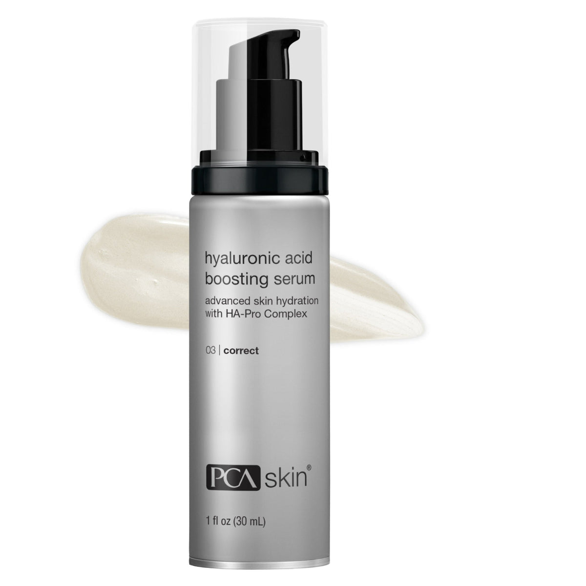 PCA Skin Hyaluronic Acid Boosting Serum 1oz bottle with texture swatch