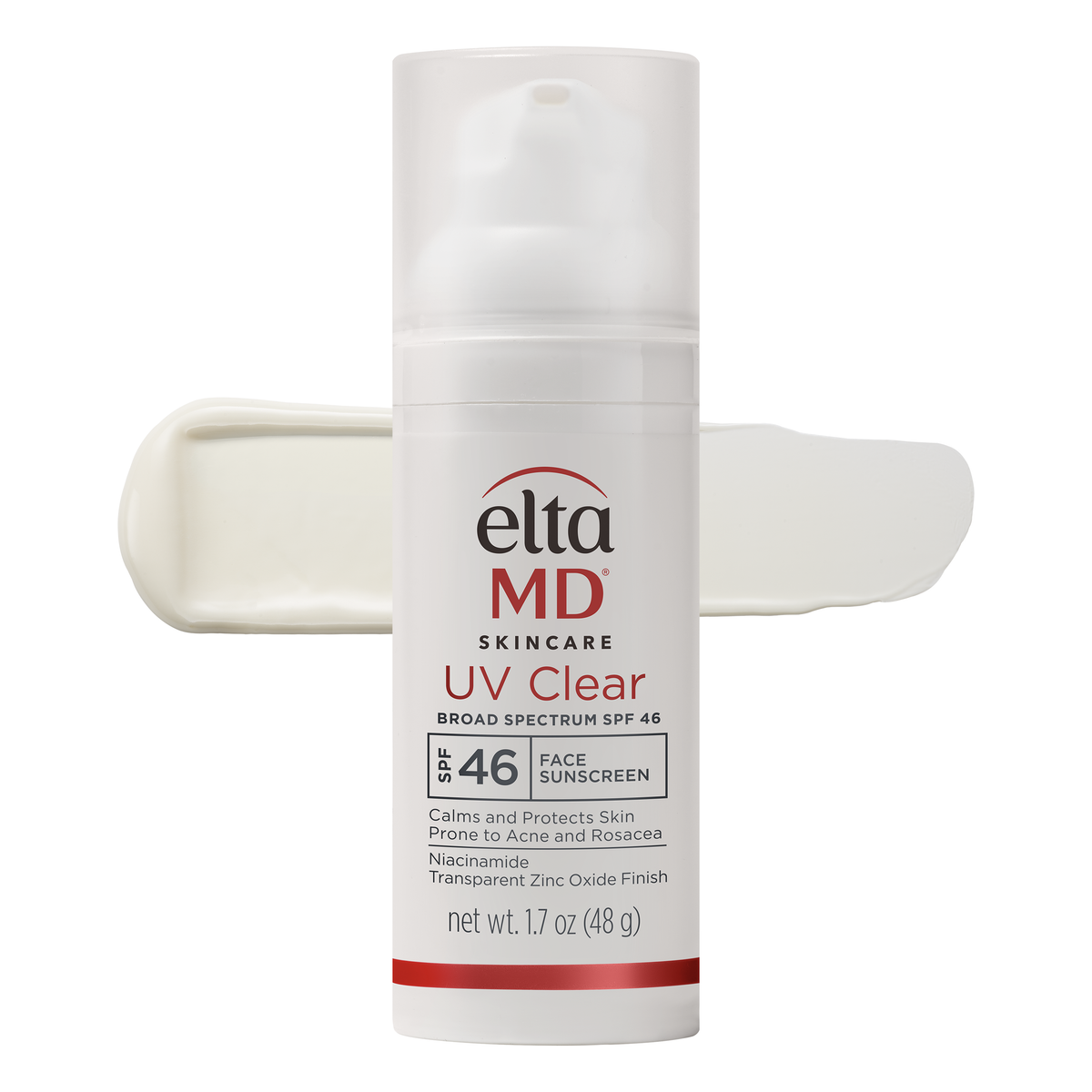 EltaMD UV Clear Broad Spectrum Sunscreen SPF 46 1.7oz bottle with texture swatch