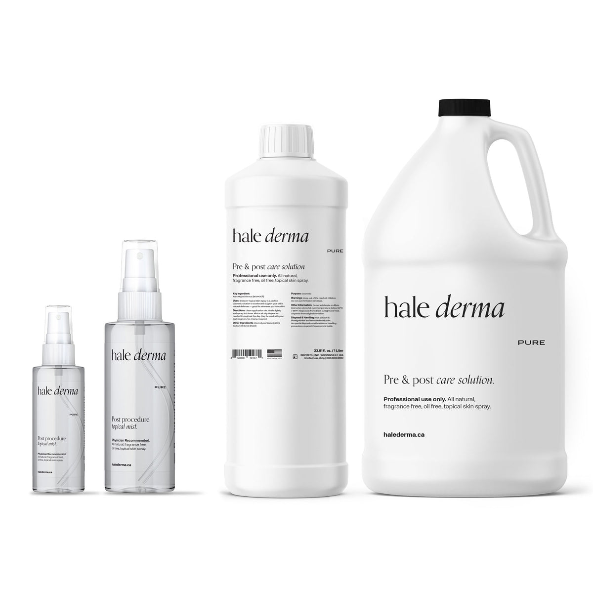 Hale Derma Hypochlorous Acid Skin Spray 4oz shown with the full Hale Derma range